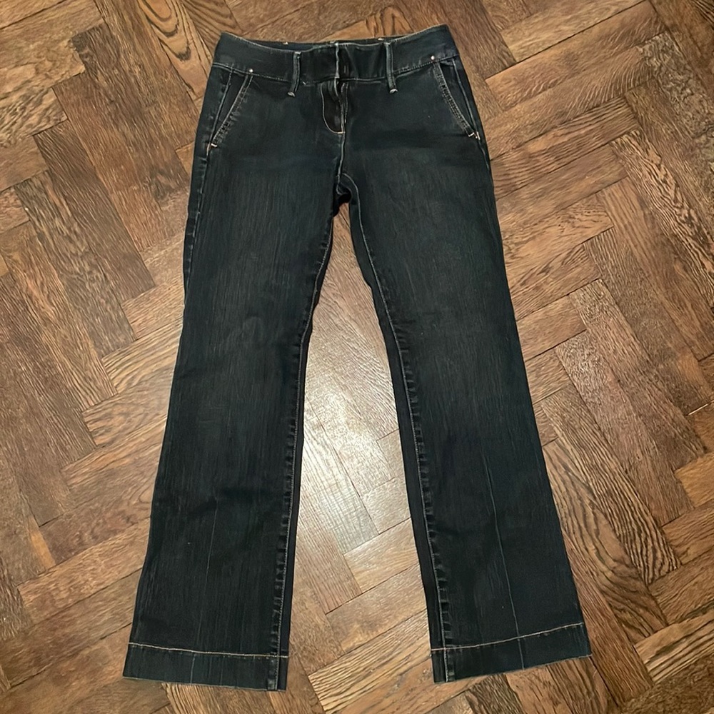 low rise dark wash flare jean slightly cropped